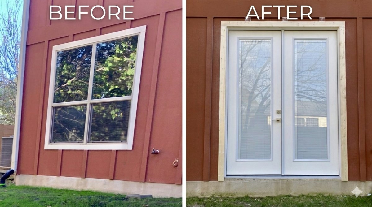 Window-to-French-door conversion install