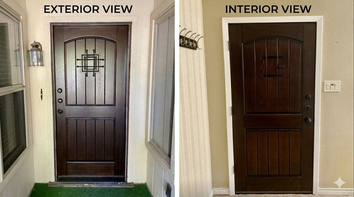 Arched wood entry door install — exterior and interior views